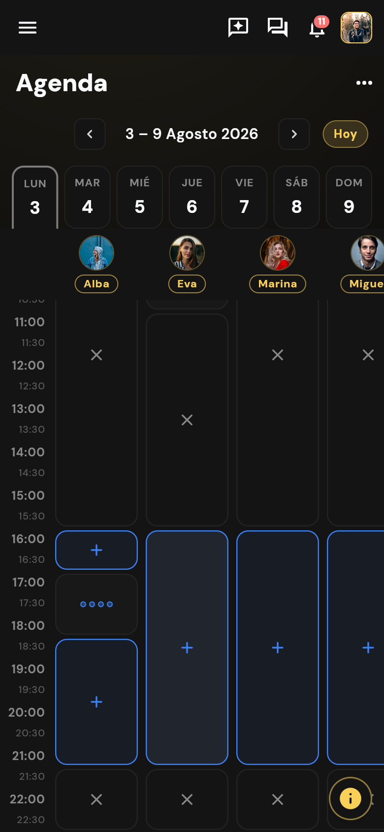 Agenda semanal por entrenador