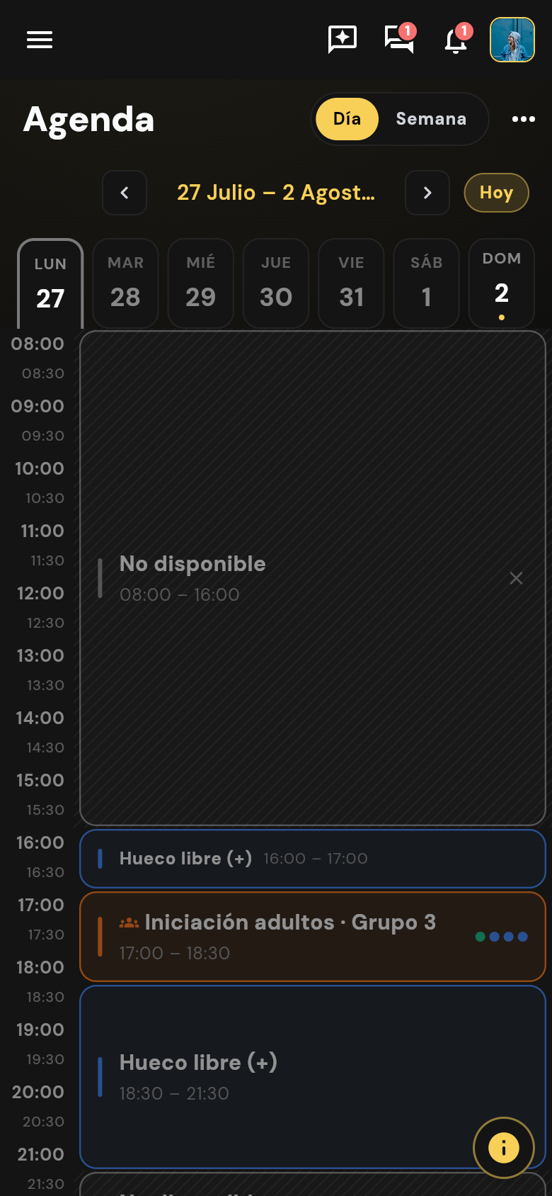 Detalle de clase del coach: pasar lista y objetivo del día