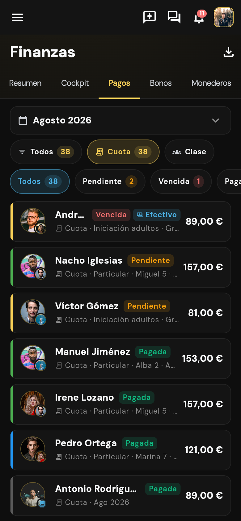 Cobros con estados: vencida, pendiente, pagada