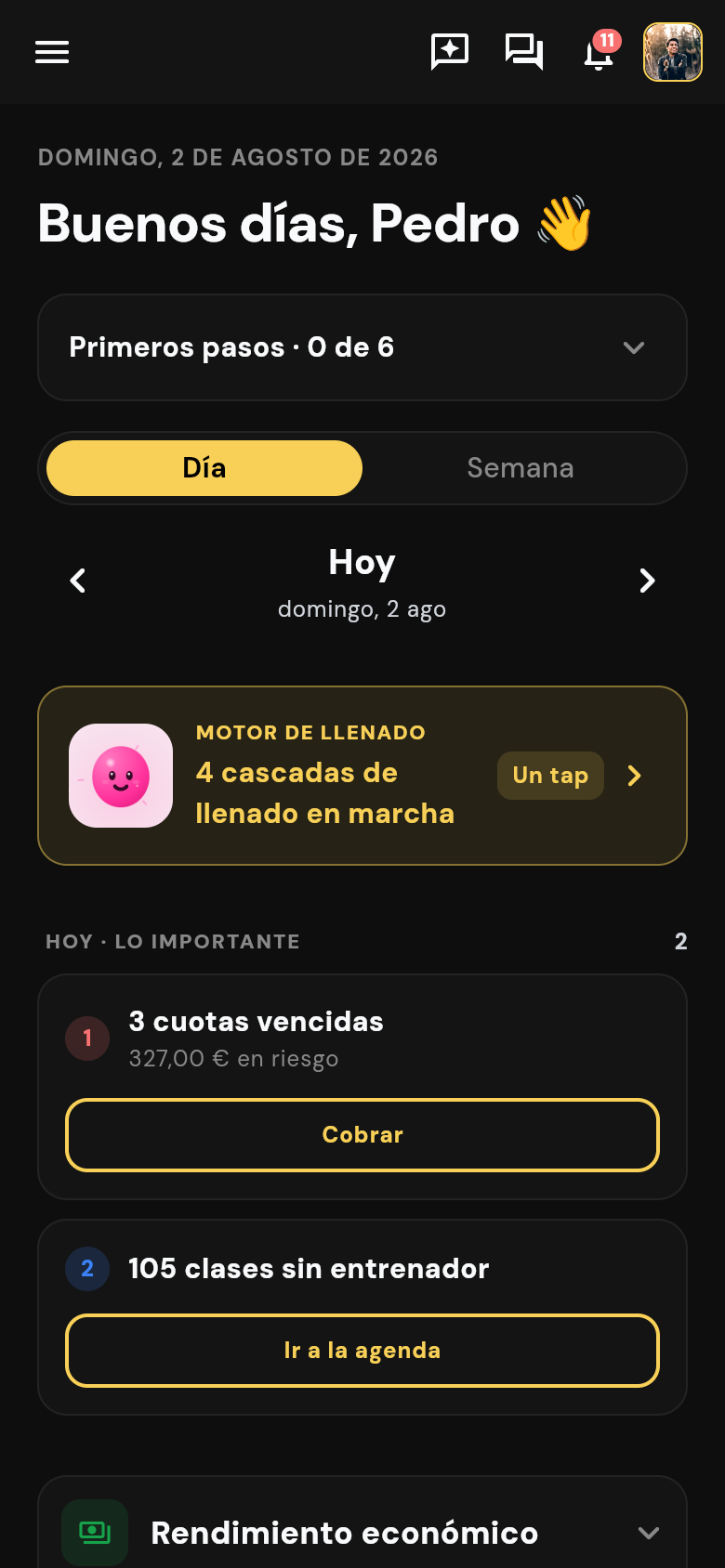 Home del head coach: el día priorizado con la cuota vencida arriba