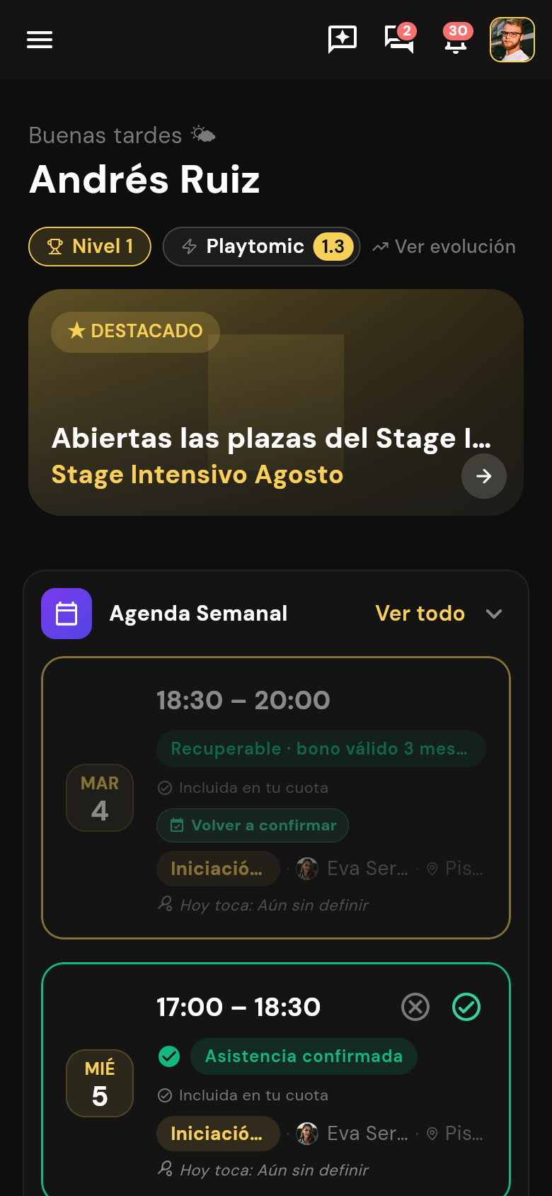 Home del jugador: confirmar plaza y agenda semanal
